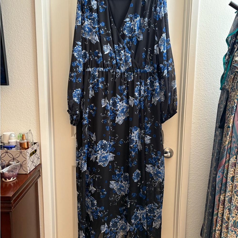 INC International Concepts Black and Blue Floral Maxi Dress
